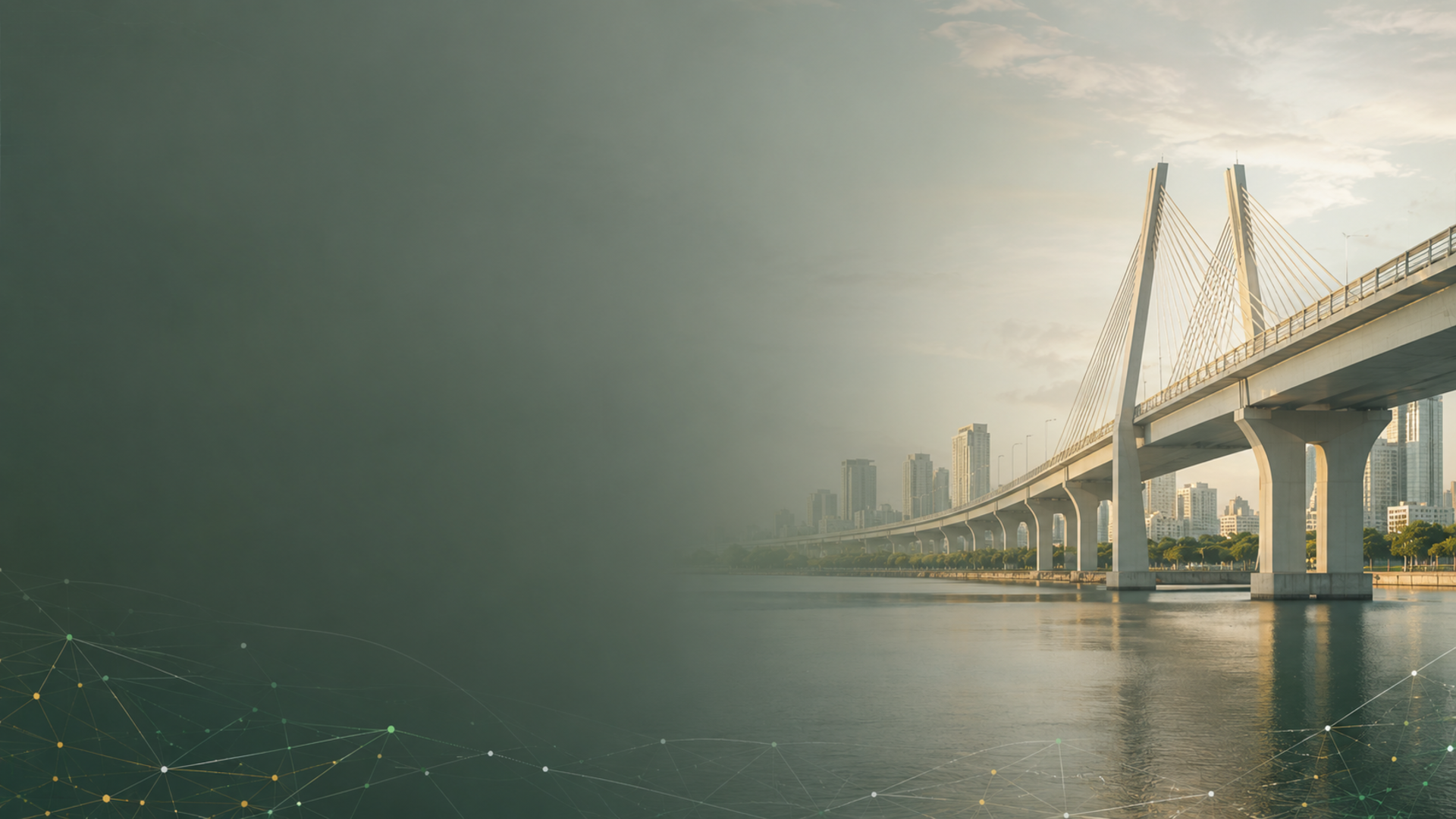 Long bridge over a river with cityscape in background, glowing dots connecting.